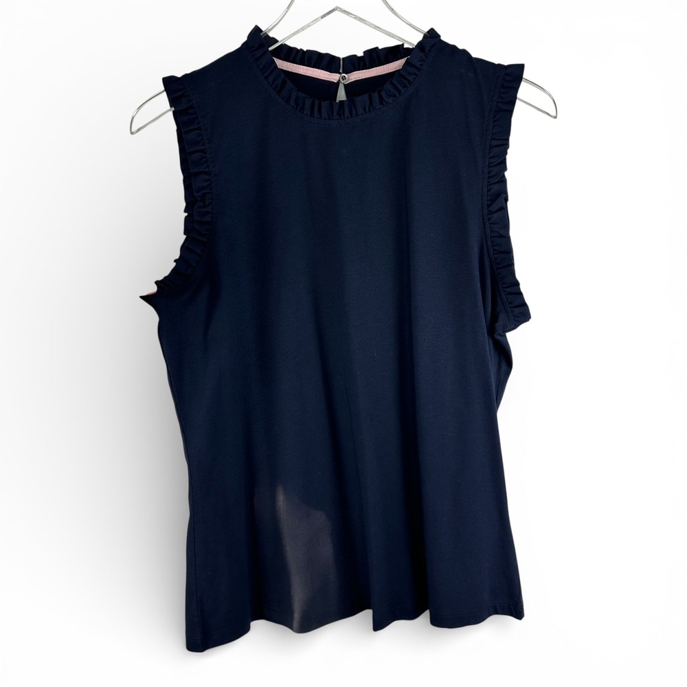Boden Navy Blue Ruffle Neck Sleeveless Tencel Modal Top US 12 UK 16